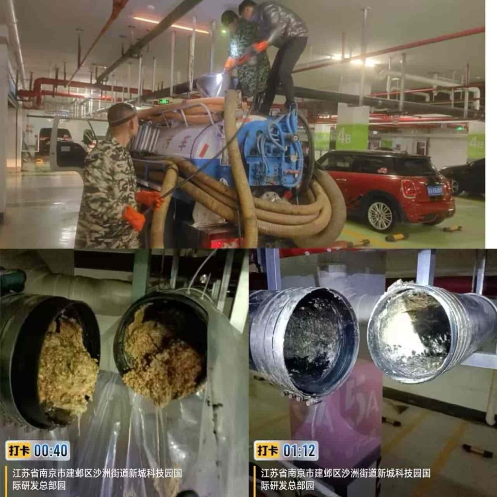 专业人员进行地下车库污水管道高压疏通清洗作业